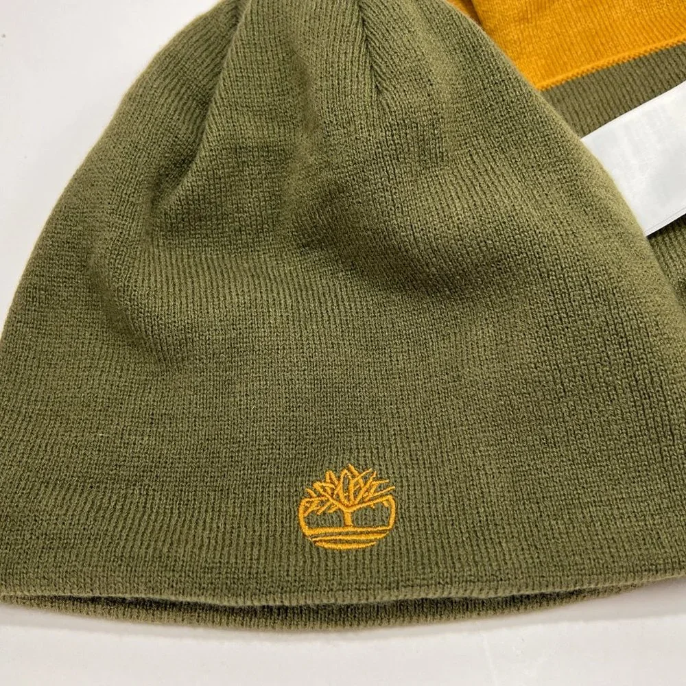 Timberland Beanie Hat Scarf Set Reversible Tan Green One Size Unisex Winter